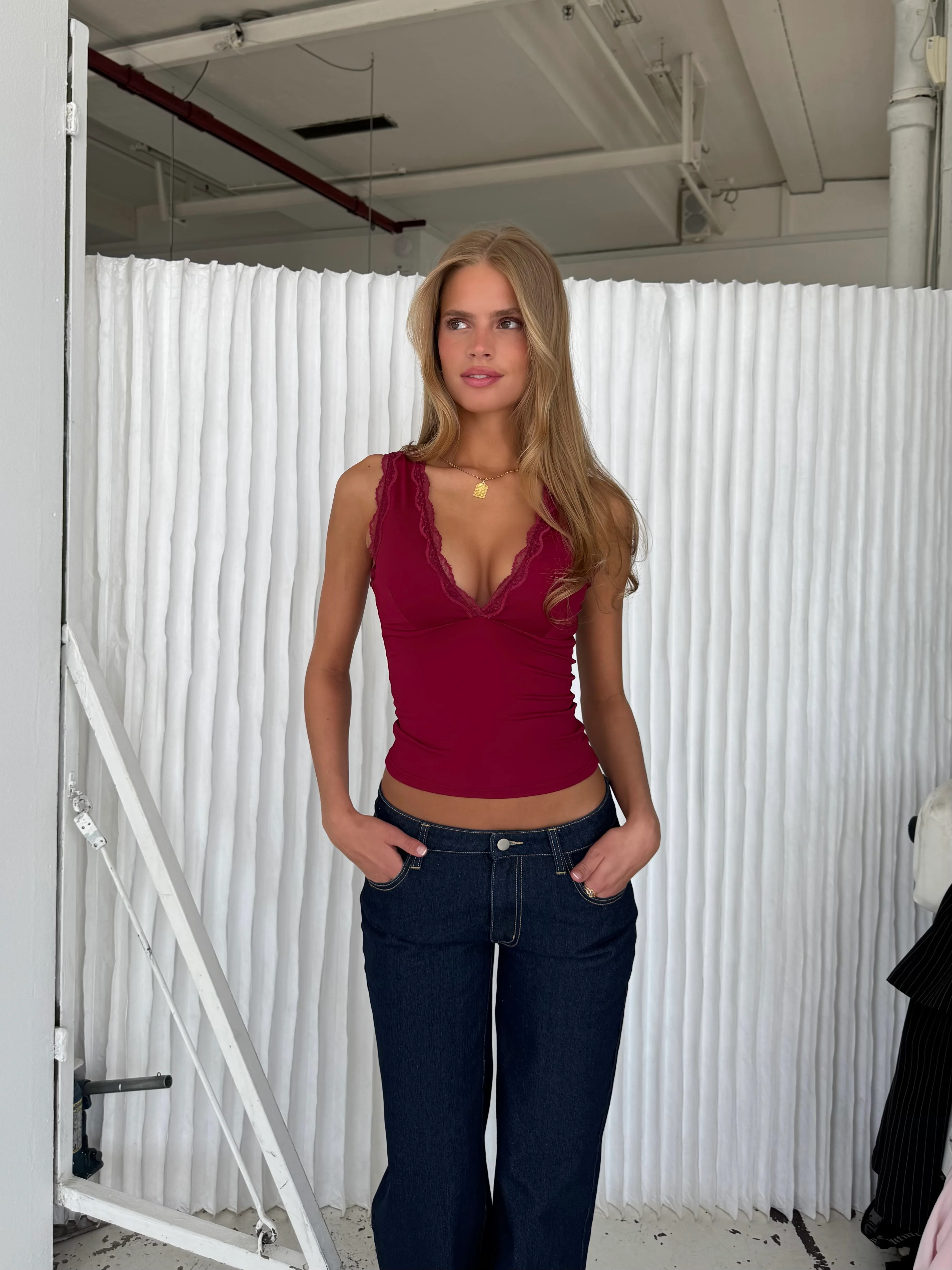 Basic lace top - mørk rød