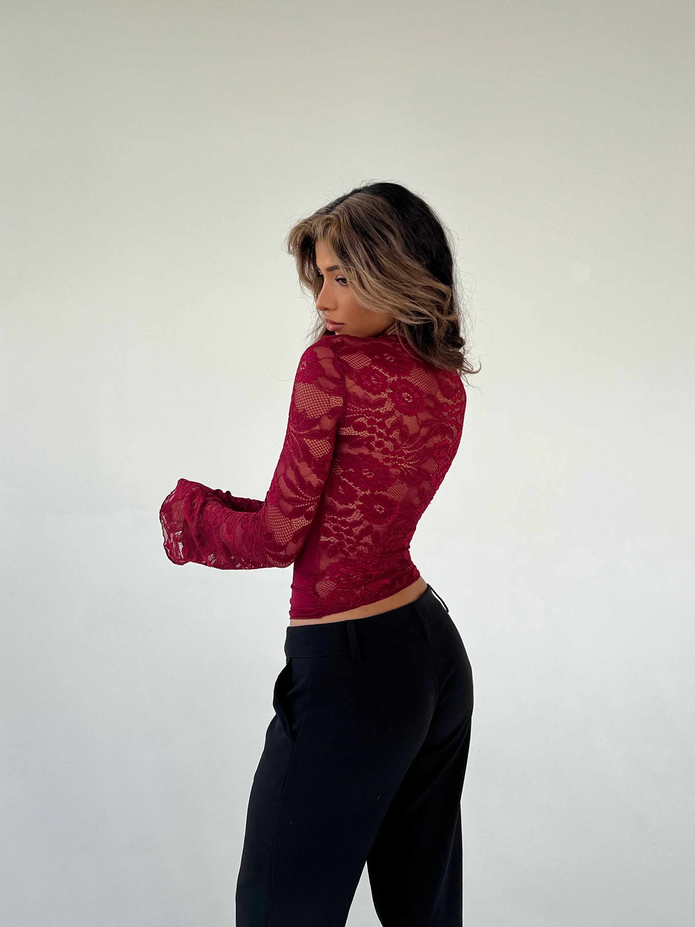 Lara lace long sleeve top - mørk rød - Image 5